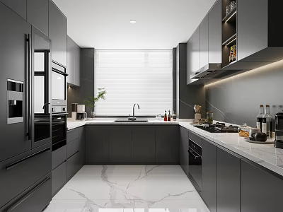 Modern Kitchen Interior With Gray Cabinets Marble Countertops Appliances And Large Window 3d model