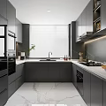 Modern Kitchen Interior With Gray Cabinets Marble Countertops Appliances And Large Window