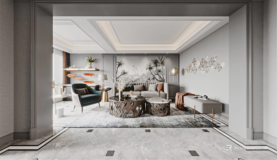 Elegant Modern Living Dining Room With Sofa Coffee Table Area Rug And Decorative Wall Art 3d model 