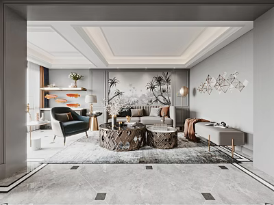 Elegant Modern Living Dining Room With Sofa Coffee Table Area Rug And Decorative Wall Art 3d model