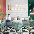 Stylish Green Cafe Interior With Black White Checkered Floor Blue Chairs Red Arch And Green Plants