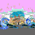 Traditional Chinese Commercial Landscape With Pink Background Lanterns Arch Decoration Blue Wave Elements And Reflections