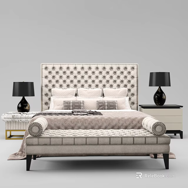 Elegant Double Bed With Tufted Beige Headboard Black Table Lamps And Bed Bench 3d model