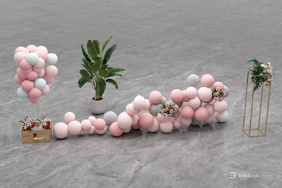 Decorative Ornament Set With Pink White Balloons Green Plant Flower Bouquets And Golden Stand 3d model 