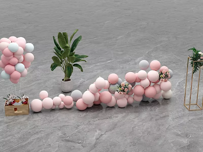 Decorative Ornament Set With Pink White Balloons Green Plant Flower Bouquets And Golden Stand 3d model