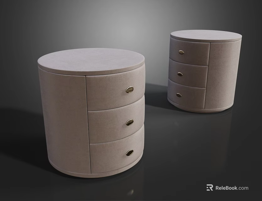 Round Beige Upholstered Bedside Nightstands With Three Drawers And Brass Handles 3d model 