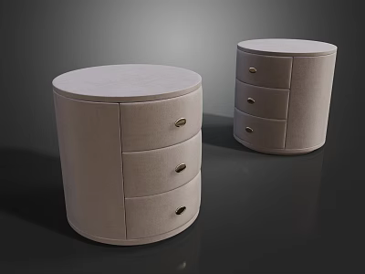 Round Beige Upholstered Bedside Nightstands With Three Drawers And Brass Handles 3d model