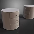 Round Beige Upholstered Bedside Nightstands With Three Drawers And Brass Handles