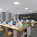 Modern Open Office Interior With Multiple Workstations Computers Bookshelves Green Plants And Windows 3d model