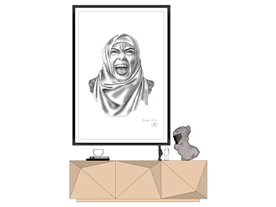 Black Framed Portrait Painting Of Hijab Woman With Screaming Expression On Geometric Cabinet 3d model