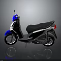 Blue And White Modern Scooter With Black Seat And Reflective Surface On Dark Background
