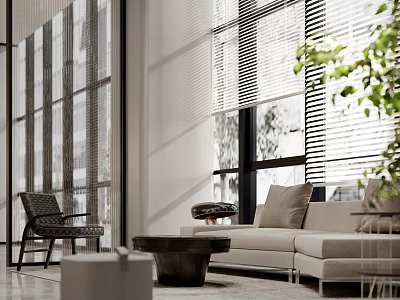 Bright Modern Leisure Area With Cozy Beige Sofa Lounge Chair And Warm Natural Sunlight Shadows 3d model