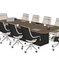 Modern Wood Top Conference Table With Wheeled Ergonomic Office Chairs Notebooks Cups And Documents