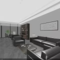 Modern Office Interior With Leather Sofa Office Desk Plants Large Windows And Calligraphy Painting