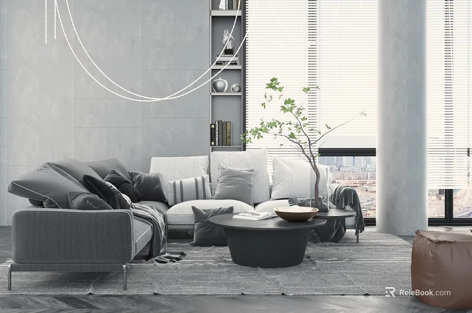 Modern Gray Sofa And Coffee Table Set With Pillows Plant And Window View 3d model