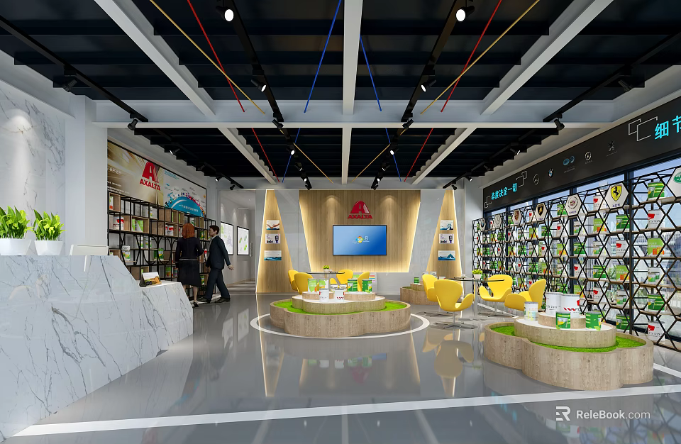 Modern Showroom Interior With Yellow Chairs Round Tables Large Screen And Bookshelves 3d model 