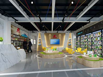 Modern Showroom Interior With Yellow Chairs Round Tables Large Screen And Bookshelves 3d model