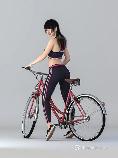 Woman in black sportswear with pink stripes standing beside red bicycle 3d model 