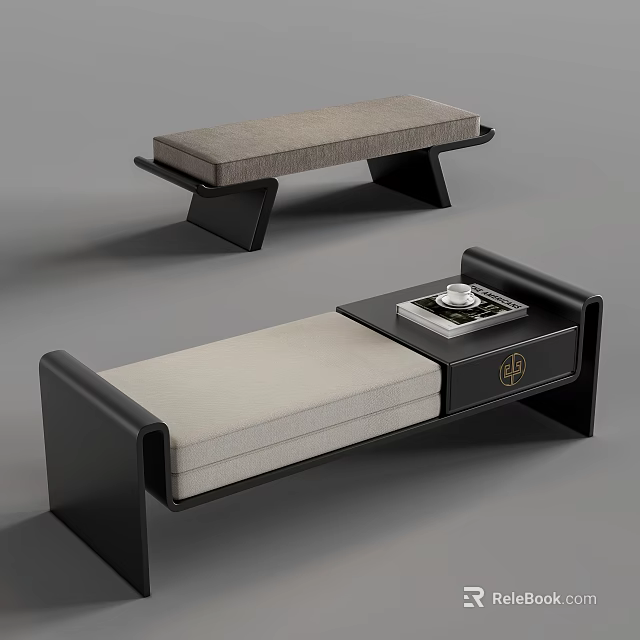 Modern Ottoman Footstool Designs With Black Frame Gray Beige Cushion And Tray Table Top 3d model 