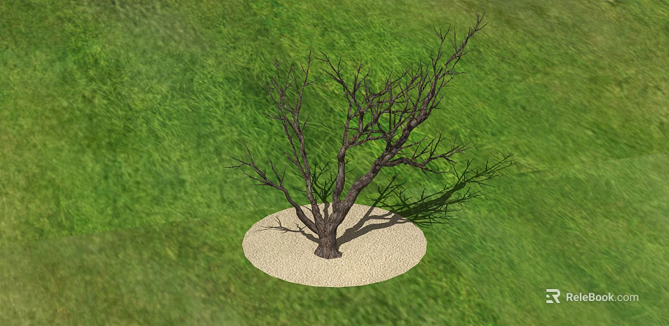 Dead Tree Standing On Sand Circle Surrounded By Green Grass Field 3d model 