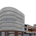 Modern Commercial Complex Featuring Red And White Facade Circular Roof Structures And Landscaped Surroundings