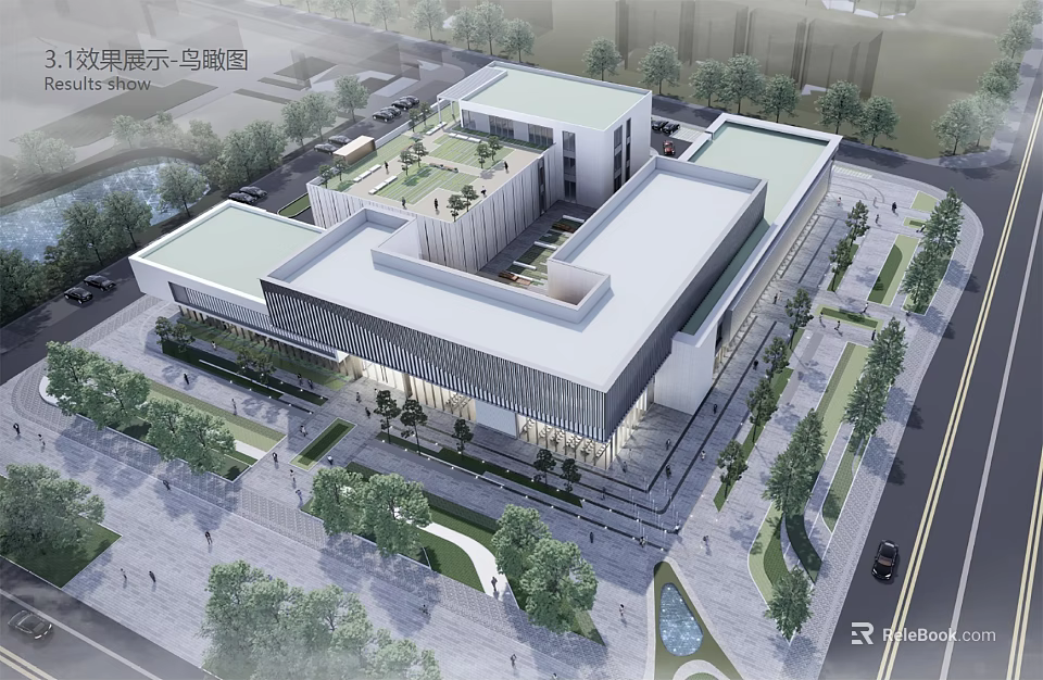 Modern Office Building Aerial View With Surrounding Greenery Roads And Plaza 3d model 