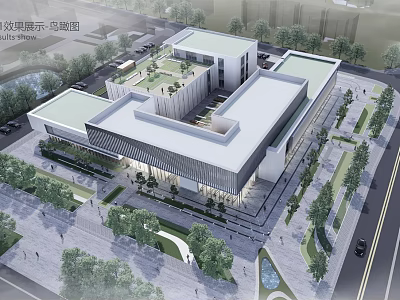 Modern Office Building Aerial View With Surrounding Greenery Roads And Plaza 3d model