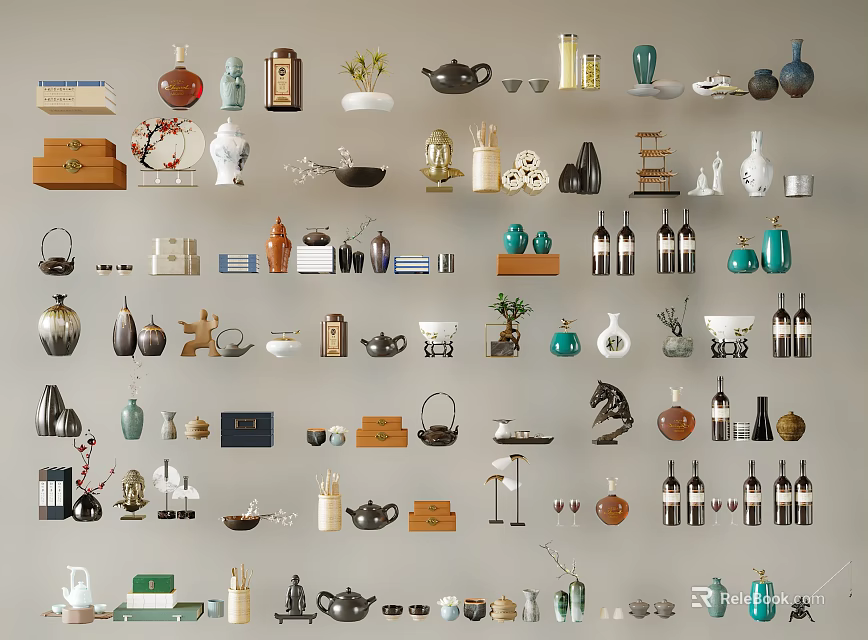 Assorted Ornament Decor Set Featuring Vases Teapots Figurines And Decorative Items 3d model 