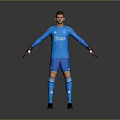 A Man in Blue Sports Uniform with Biggo Logo Wearing Goalkeeper Gloves and Outstretched Arms