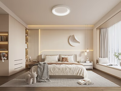Modern Minimalist Bedroom Interior With Bed Pillows Circular Decor Ceiling Light And Window Curtains 3d model