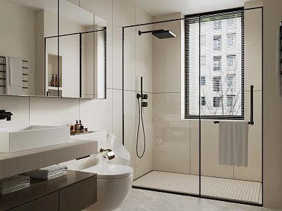 Modern Bathroom With Large Mirror Sink Toilet And Glass Shower 3d model