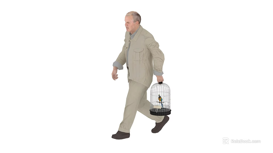 Man in Khaki Work Outfit Walking Carrying Birdcage With Colorful Bird Inside 3d model 