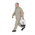 Man in Khaki Work Outfit Walking Carrying Birdcage With Colorful Bird Inside