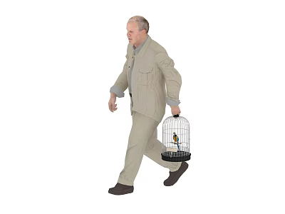 Man in Khaki Work Outfit Walking Carrying Birdcage With Colorful Bird Inside 3d model