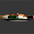 Assorted Sushi Platter With Salmon Shrimp And Green Leaf Decorations On White Plate