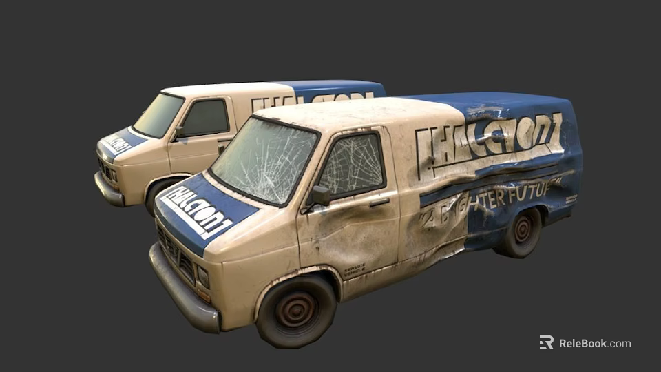 Worn Functional Utility Vans Featuring Beige Blue Exterior Cracked Windows And THE G.O.A.T Interruption Text 3d model 