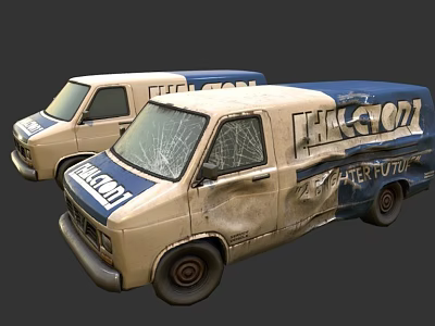 Worn Functional Utility Vans Featuring Beige Blue Exterior Cracked Windows And THE G.O.A.T Interruption Text 3d model