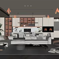 Modern Living And Dining Room Interior With Sofa Coffee Table Open Kitchen Cabinets And Plants