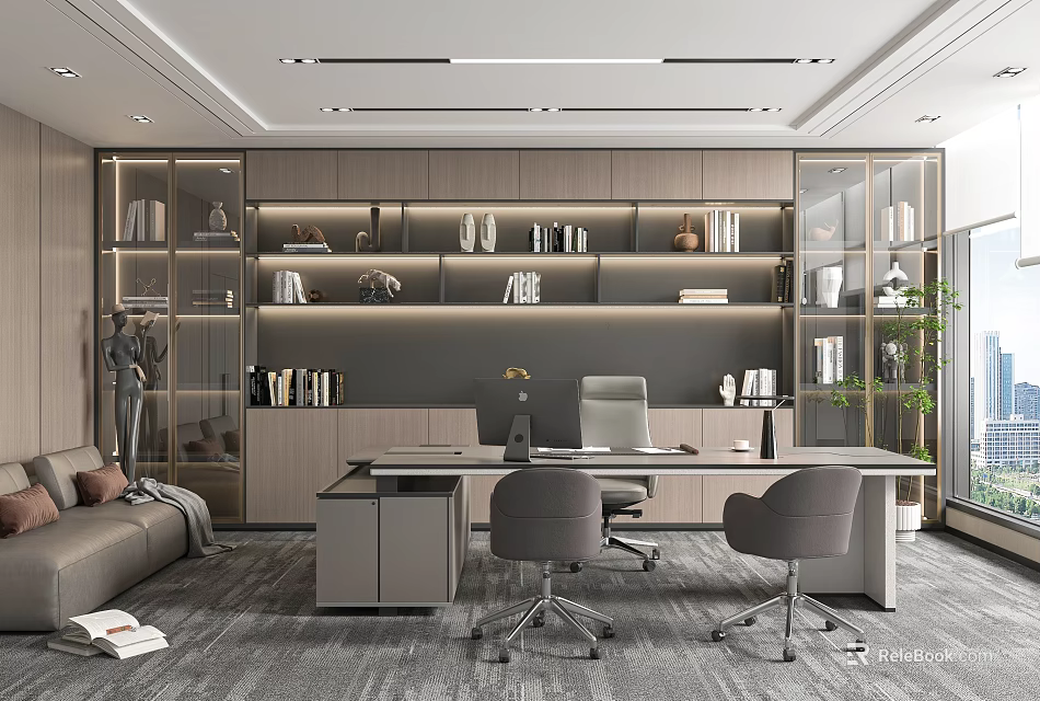 Modern Open Office Interior With Bookshelves Desk Sofa And Plants 3d model 