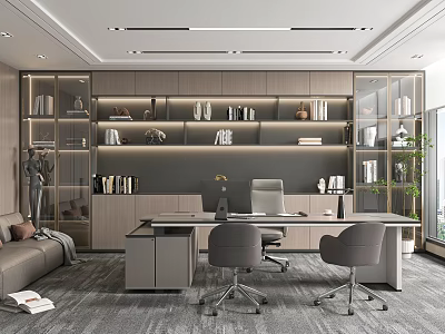 Modern Open Office Interior With Bookshelves Desk Sofa And Plants 3d model