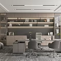Modern Open Office Interior With Bookshelves Desk Sofa And Plants