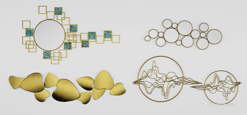 Gold Geometric Wall Decor with Circular Heart Shaped and Mountain Line Patterns 3d model