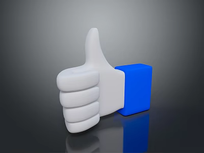 White Thumbs Up Icon With Blue Square On Dark Reflective Background 3d model