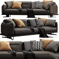 Gray Leather Sofa Interior With Brown Gray Checkered Pillows And Black Throw Blanket 3d model