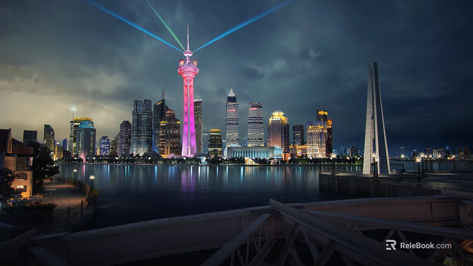 Scenic Night View Of City Skyline With Tall Buildings Colorful Lights And River Reflection 3d model 