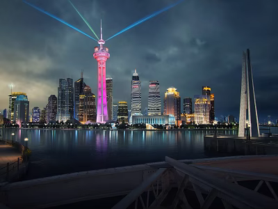 Scenic Night View Of City Skyline With Tall Buildings Colorful Lights And River Reflection 3d model