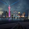 Scenic Night View Of City Skyline With Tall Buildings Colorful Lights And River Reflection