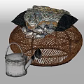 Woven Rattan Coffee Table With Decorative Blanket Gray Pillows And Vintage Watering Can
