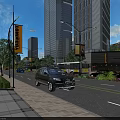 Modern Urban Road Infrastructure with High Rise Buildings Street Lamps Sidewalks and Buses