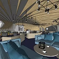 Cozy Modern Cafe Interior With Curved Wooden Ceiling Gray Sofas Coffee Tables And Bar Counter
